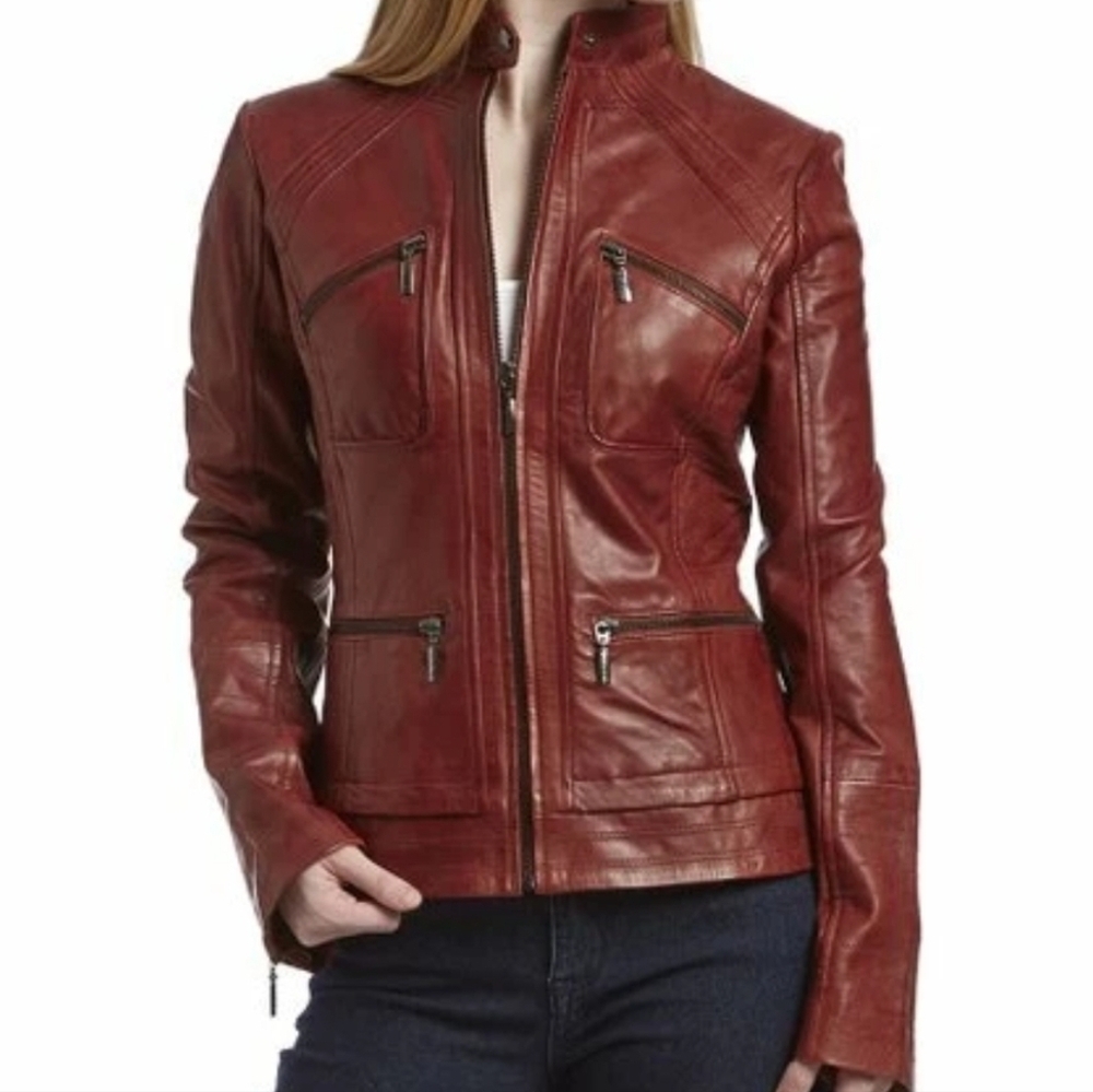 NWOT Bernardo Leather Brown Rust Colored Moto Jacket Size PM